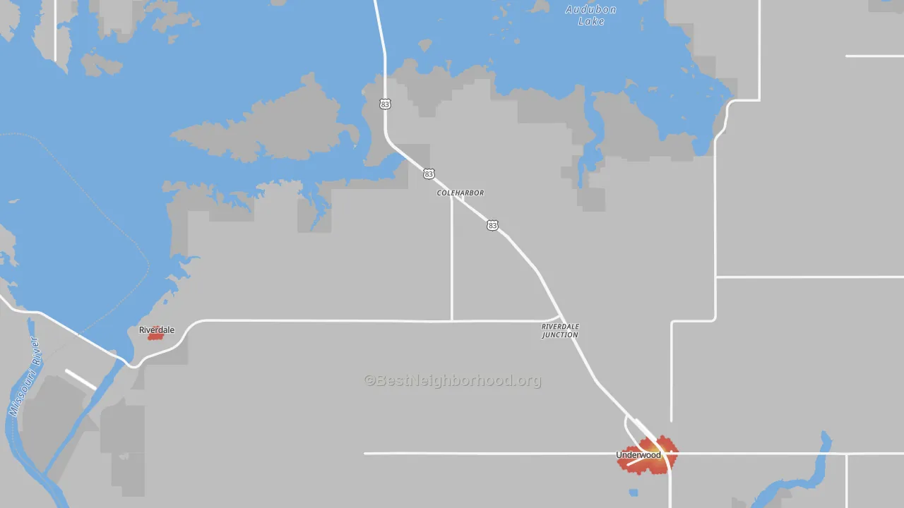 Walk Grade map of McLean County, ND, walkable areas in green and car-dependent areas in red