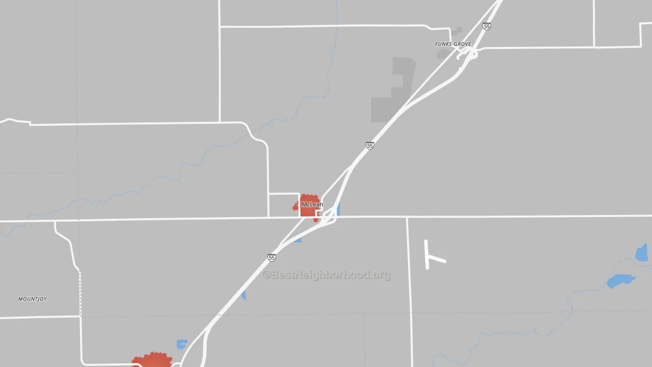 Walk Grade map of McLean, IL, walkable areas in green and car-dependent areas in red