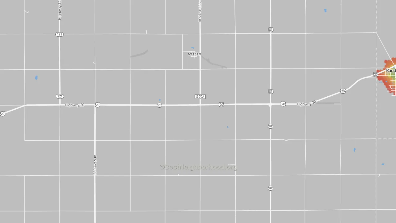 Walk Grade map of Mclean, NE, walkable areas in green and car-dependent areas in red