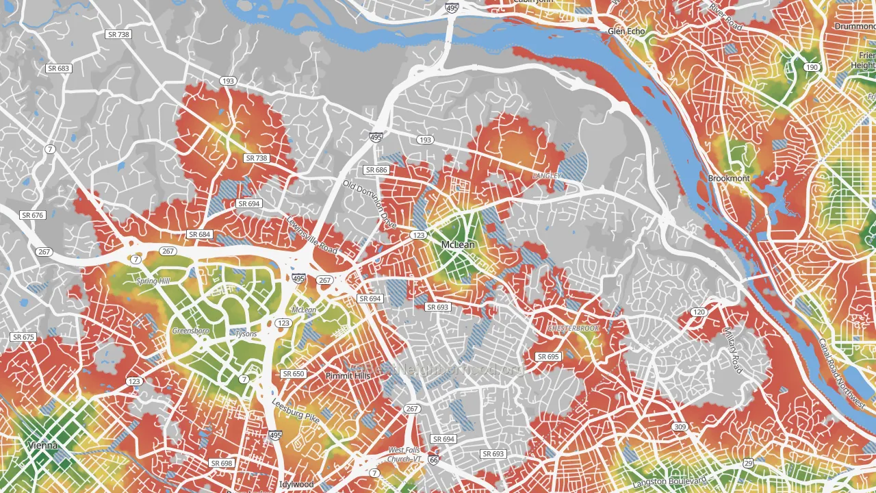 Walk Grade map of McLean, VA, walkable areas in green and car-dependent areas in red