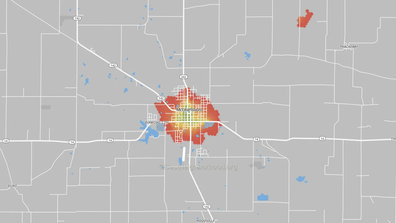 Walk Grade map of McLeansboro, IL, walkable areas in green and car-dependent areas in red