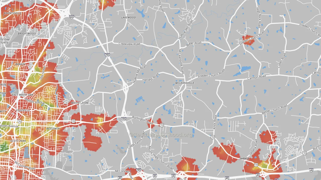 Walk Grade map of McLeansville, NC, walkable areas in green and car-dependent areas in red