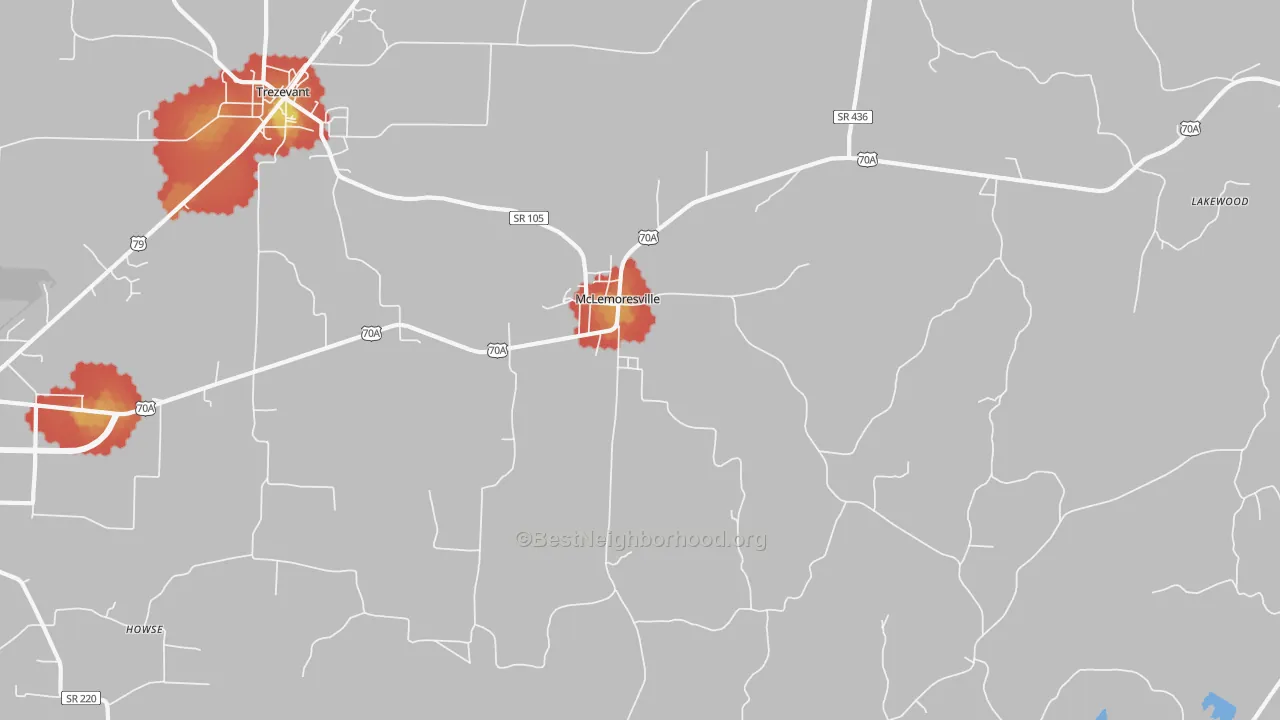 Walk Grade map of McLemoresville, TN, walkable areas in green and car-dependent areas in red