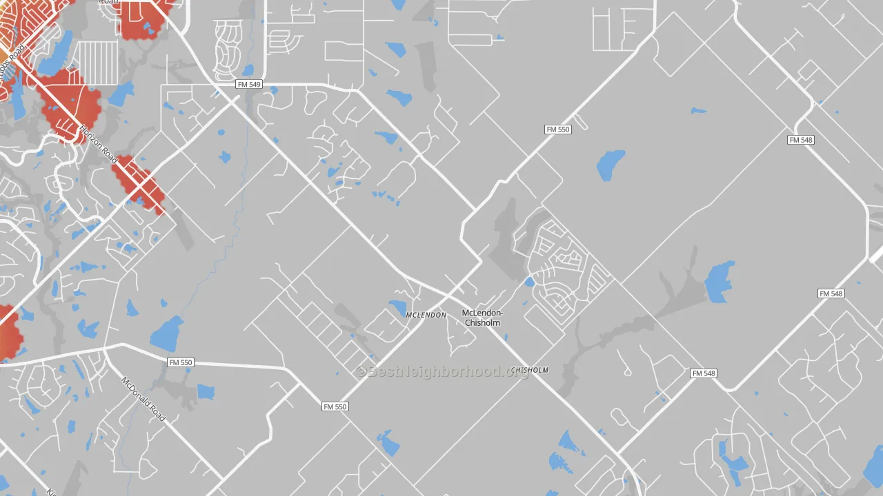 Walk Grade map of McLendon-Chisholm, TX, walkable areas in green and car-dependent areas in red