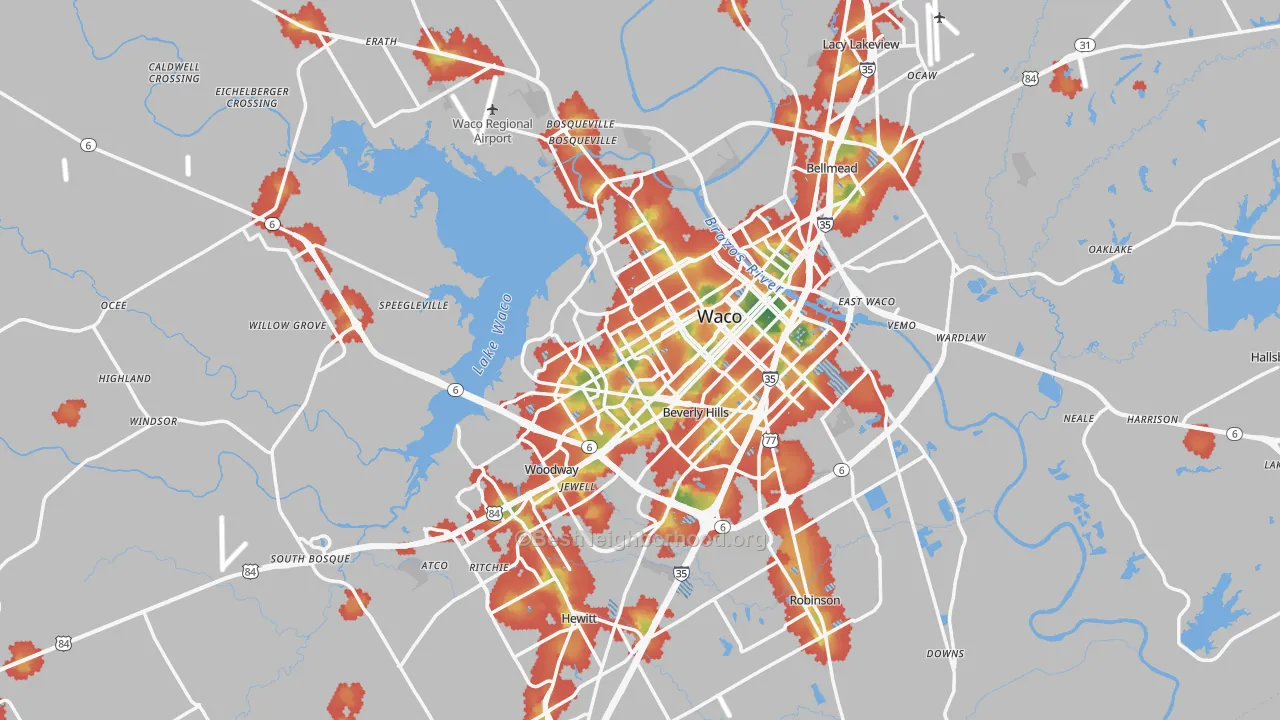 Walk Grade map of McLennan County, TX, walkable areas in green and car-dependent areas in red