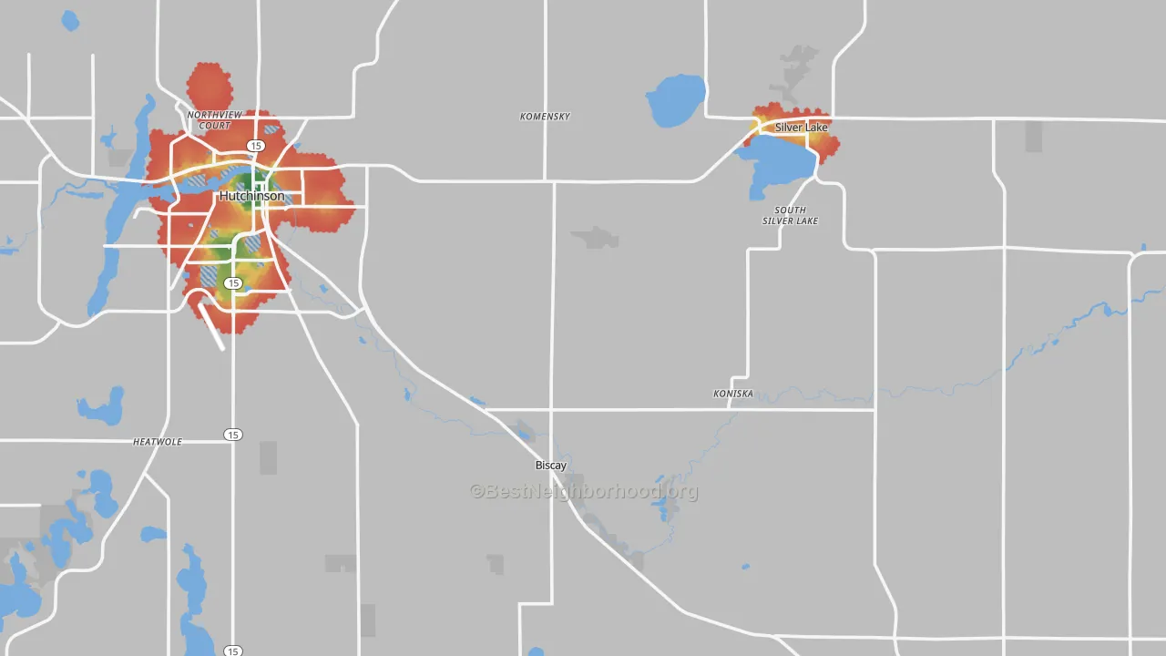 Walk Grade map of McLeod County, MN, walkable areas in green and car-dependent areas in red