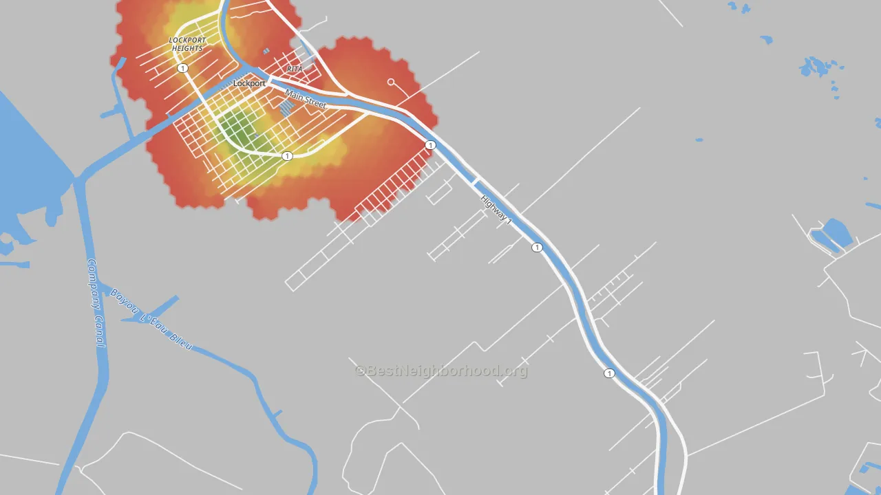 Walk Grade map of McLeod, LA, walkable areas in green and car-dependent areas in red