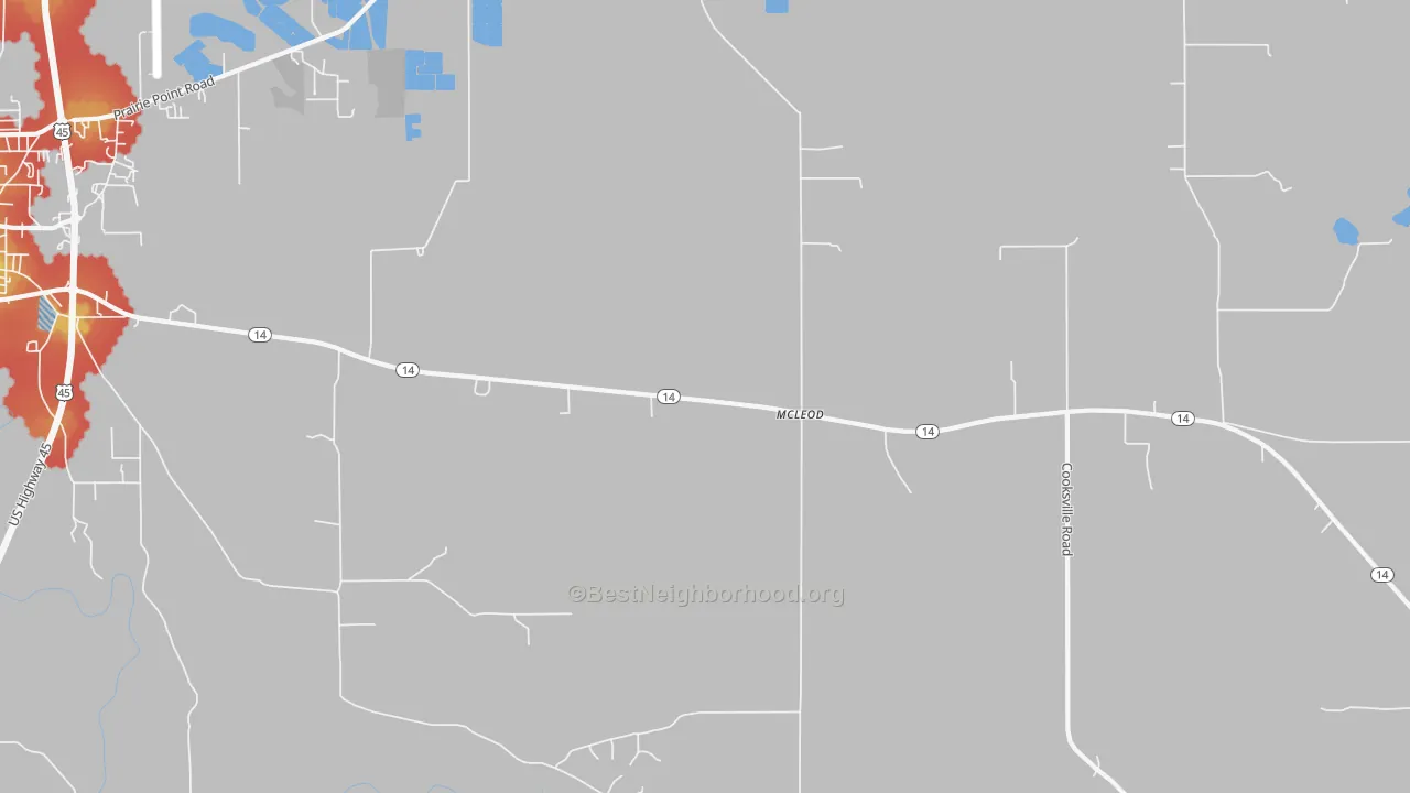 Walk Grade map of McLeod, MS, walkable areas in green and car-dependent areas in red