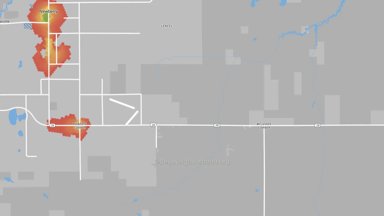 Walk Grade map of McLeods Corner, MI, walkable areas in green and car-dependent areas in red