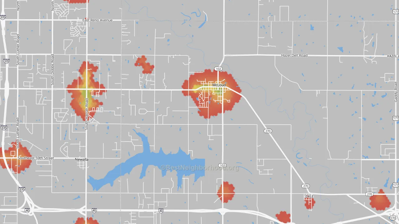 Walk Grade map of Mcloud, OK, walkable areas in green and car-dependent areas in red