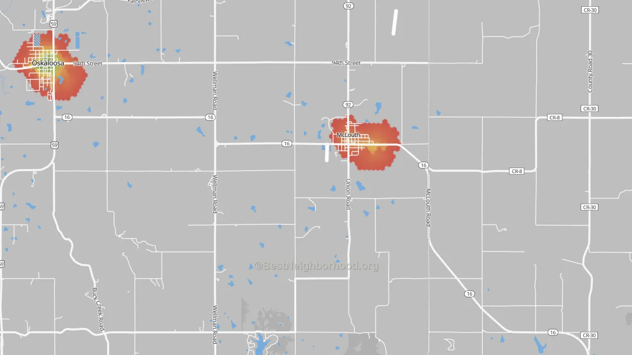 Walk Grade map of McLouth, KS, walkable areas in green and car-dependent areas in red