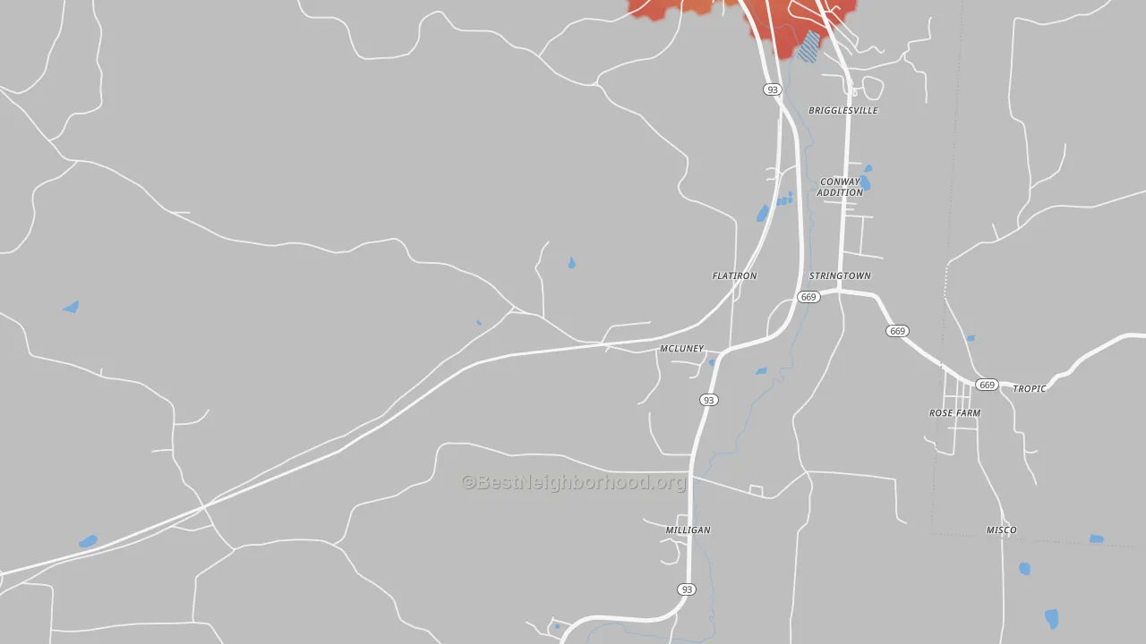 Walk Grade map of McLuney, OH, walkable areas in green and car-dependent areas in red