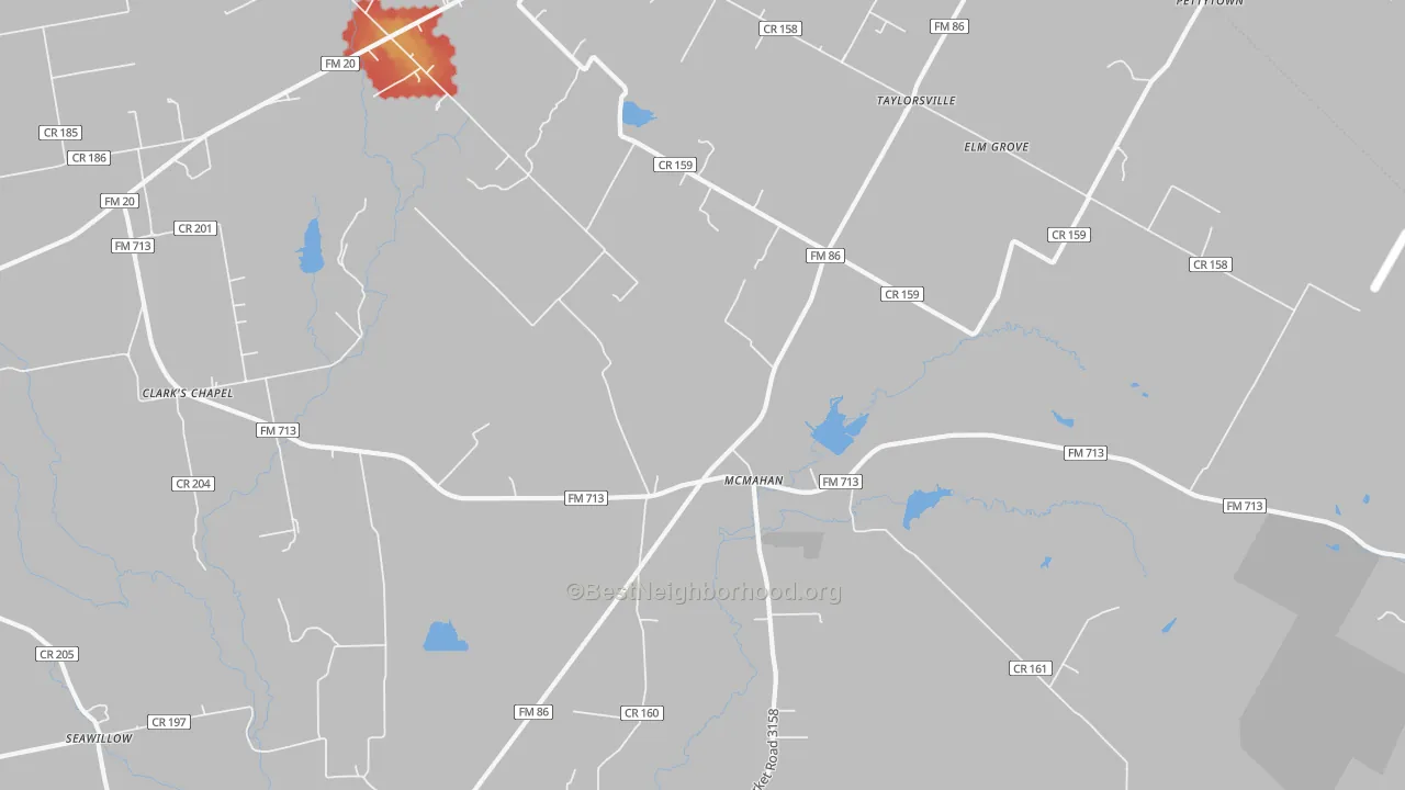 Walk Grade map of McMahan, TX, walkable areas in green and car-dependent areas in red