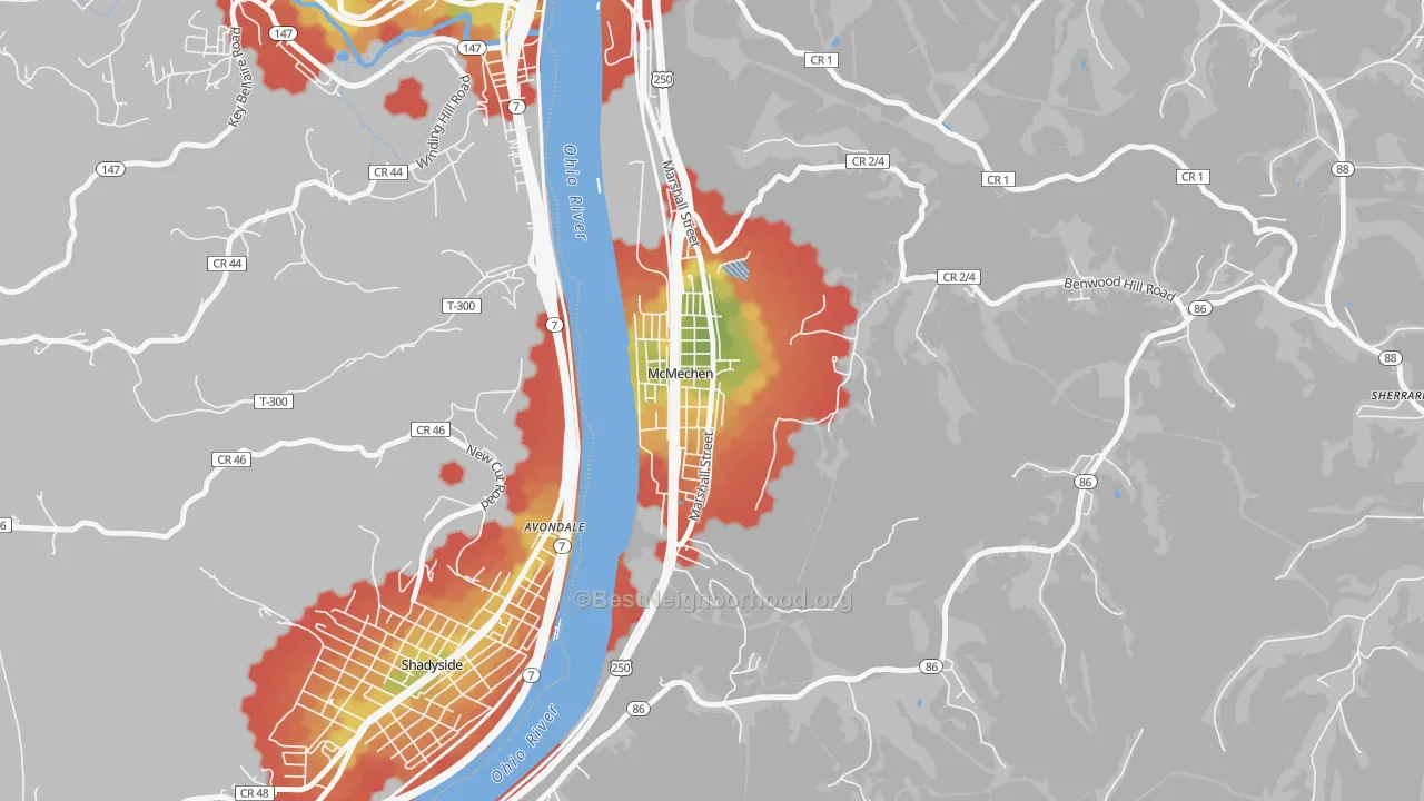 Walk Grade map of McMechen, WV, walkable areas in green and car-dependent areas in red