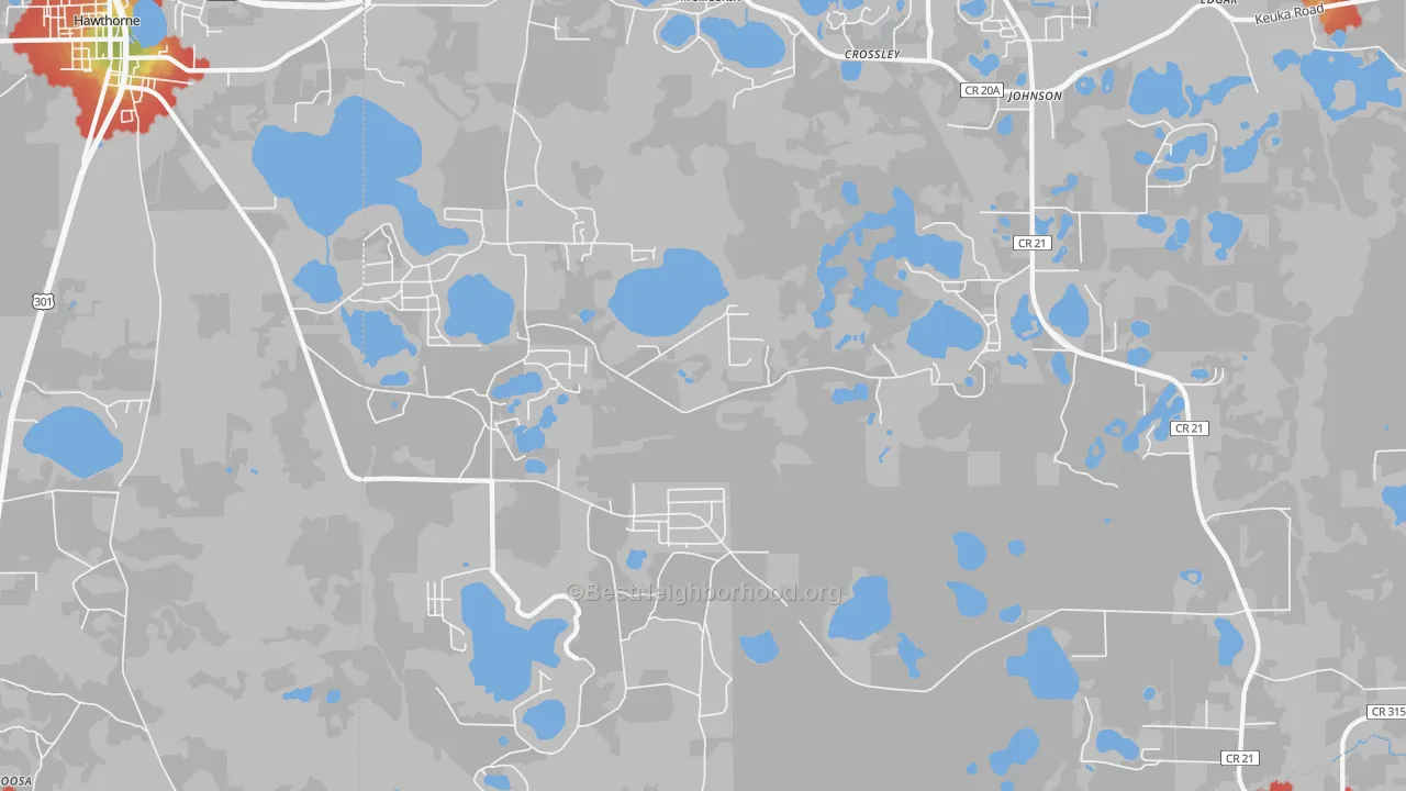 Walk Grade map of McMeekin, FL, walkable areas in green and car-dependent areas in red