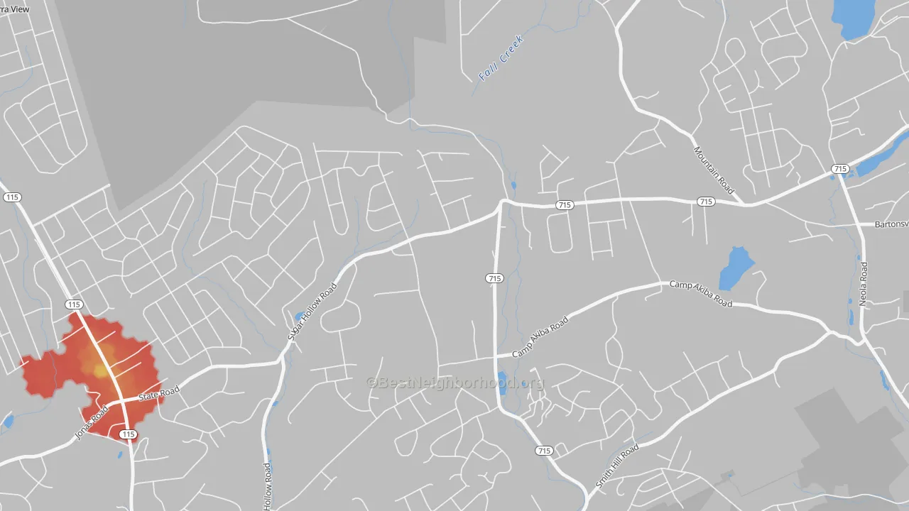 Walk Grade map of McMichaels, PA, walkable areas in green and car-dependent areas in red