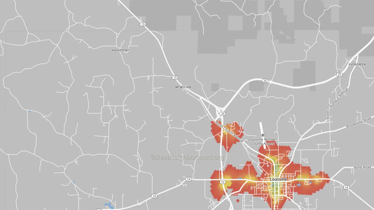 Walk Grade map of McMillan, MS, walkable areas in green and car-dependent areas in red