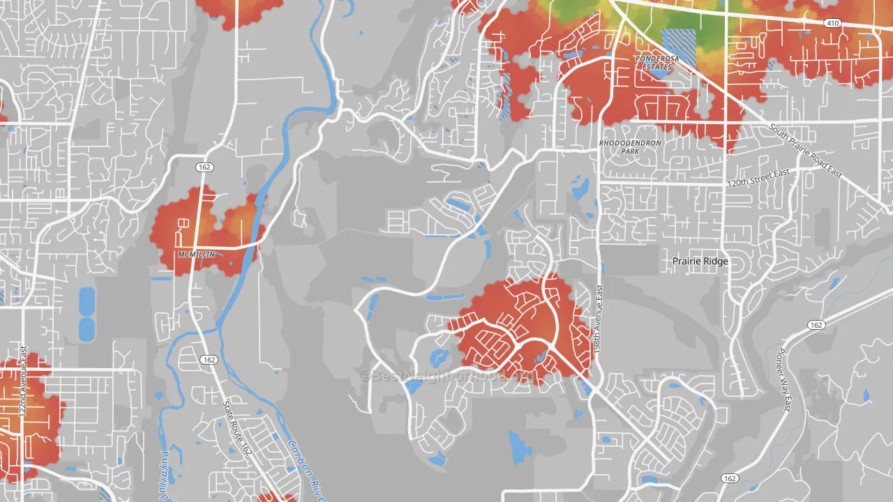 Walk Grade map of McMillin, WA, walkable areas in green and car-dependent areas in red