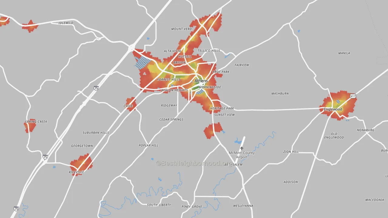Walk Grade map of McMinn County, TN, walkable areas in green and car-dependent areas in red
