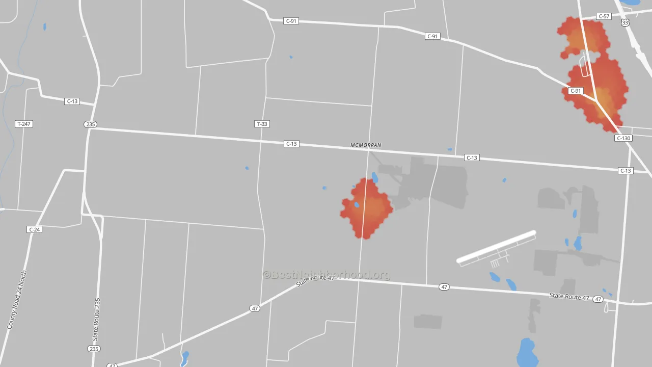 Walk Grade map of McMorran, OH, walkable areas in green and car-dependent areas in red