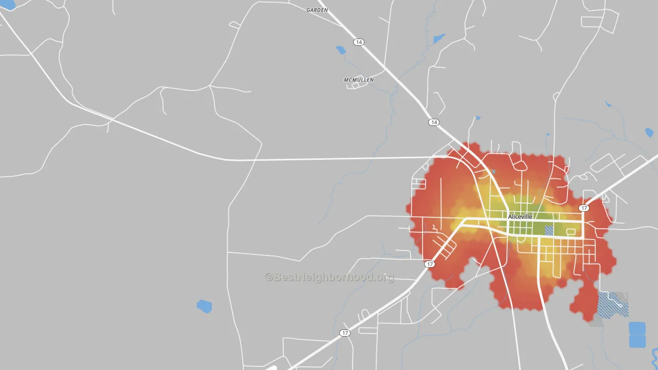 Walk Grade map of McMullen, AL, walkable areas in green and car-dependent areas in red
