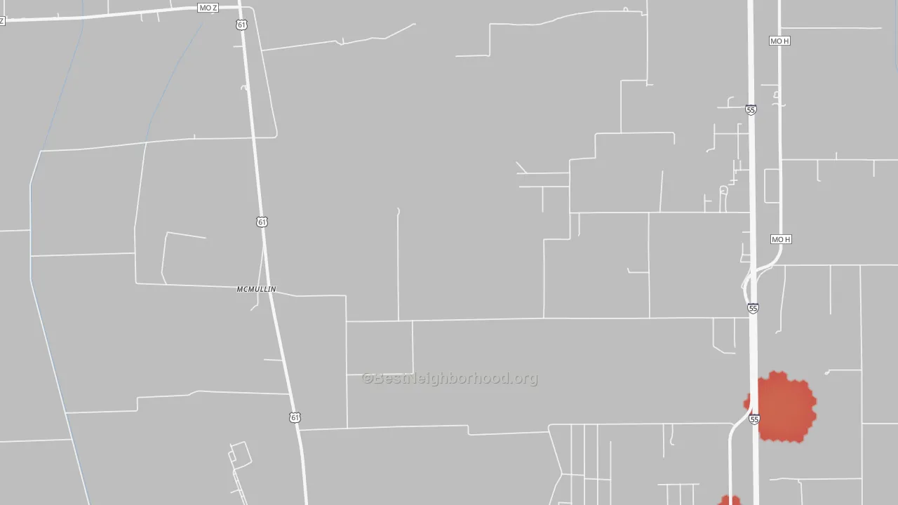 Walk Grade map of McMullin, MO, walkable areas in green and car-dependent areas in red