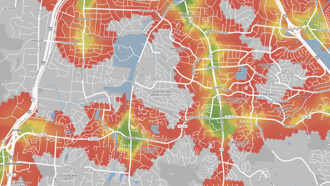 Walk Grade map of McMurray-Huntingdon, Nashville, TN, walkable areas in green and car-dependent areas in red