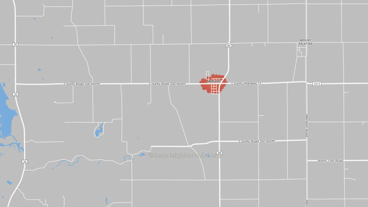 Walk Grade map of McNabb, IL, walkable areas in green and car-dependent areas in red