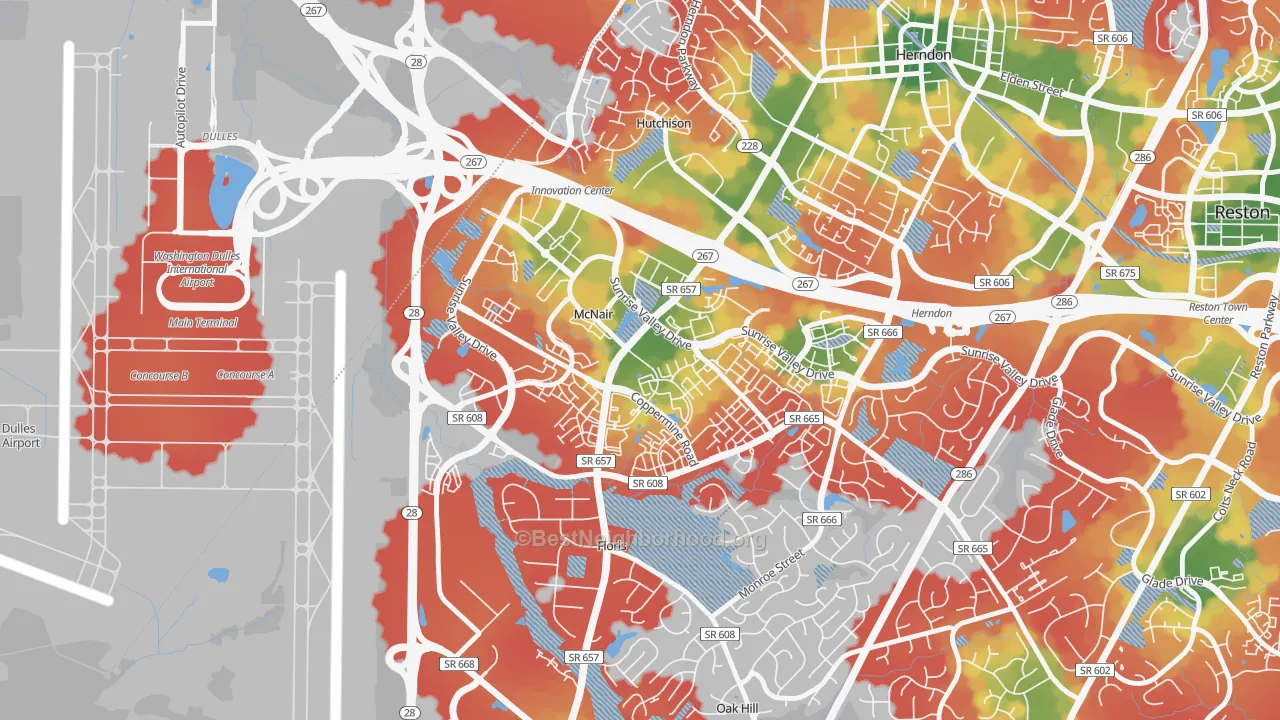Walk Grade map of McNair, VA, walkable areas in green and car-dependent areas in red