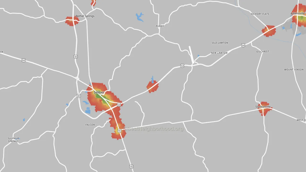 Walk Grade map of McNairy County, TN, walkable areas in green and car-dependent areas in red