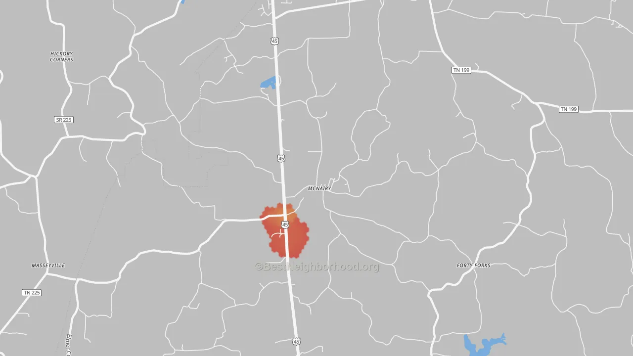 Walk Grade map of McNairy, TN, walkable areas in green and car-dependent areas in red