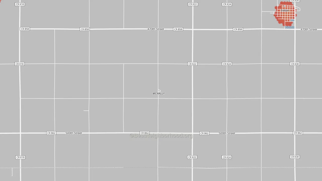 Walk Grade map of McNally, IA, walkable areas in green and car-dependent areas in red