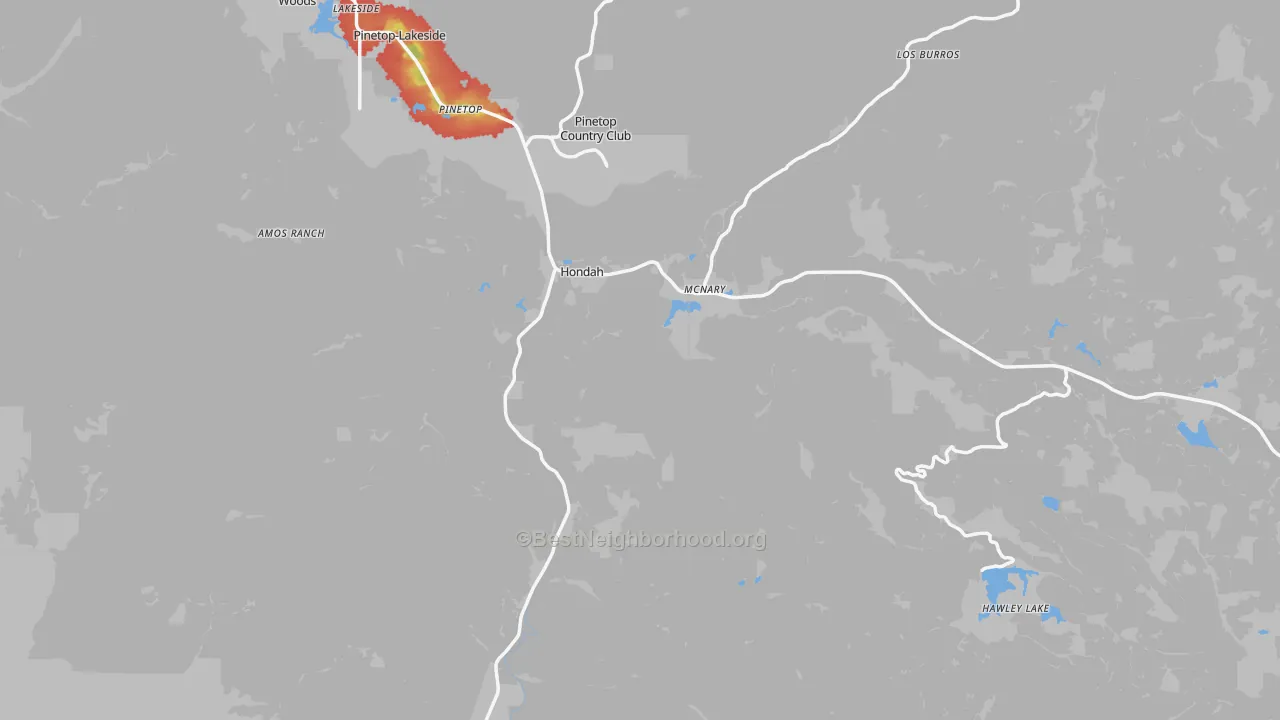Walk Grade map of McNary, AZ, walkable areas in green and car-dependent areas in red