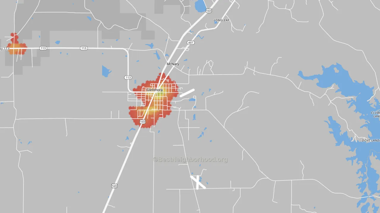 Walk Grade map of McNary, LA, walkable areas in green and car-dependent areas in red