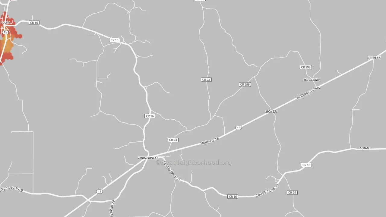 Walk Grade map of McNeal, MS, walkable areas in green and car-dependent areas in red