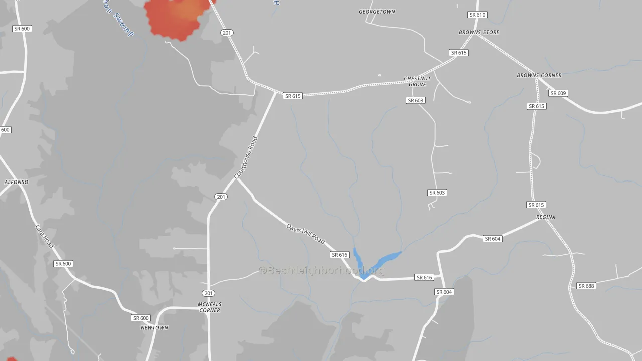 Walk Grade map of McNeals Corner, VA, walkable areas in green and car-dependent areas in red