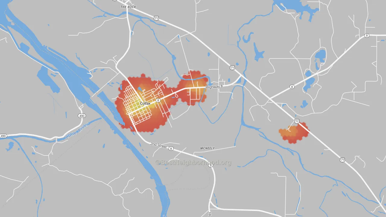 Walk Grade map of McNeely, LA, walkable areas in green and car-dependent areas in red