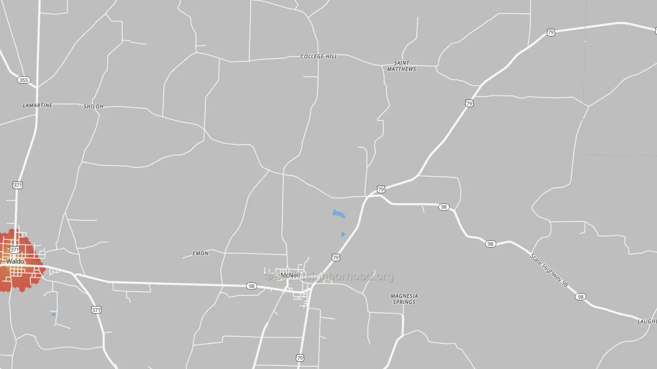 Walk Grade map of McNeil, AR, walkable areas in green and car-dependent areas in red