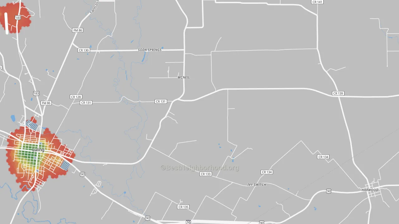 Walk Grade map of McNeil, TX, walkable areas in green and car-dependent areas in red