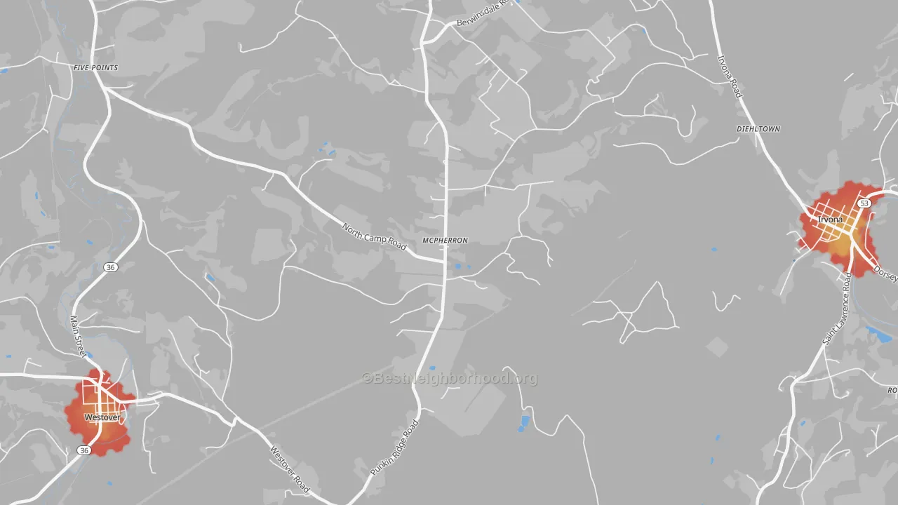 Walk Grade map of McPherron, PA, walkable areas in green and car-dependent areas in red