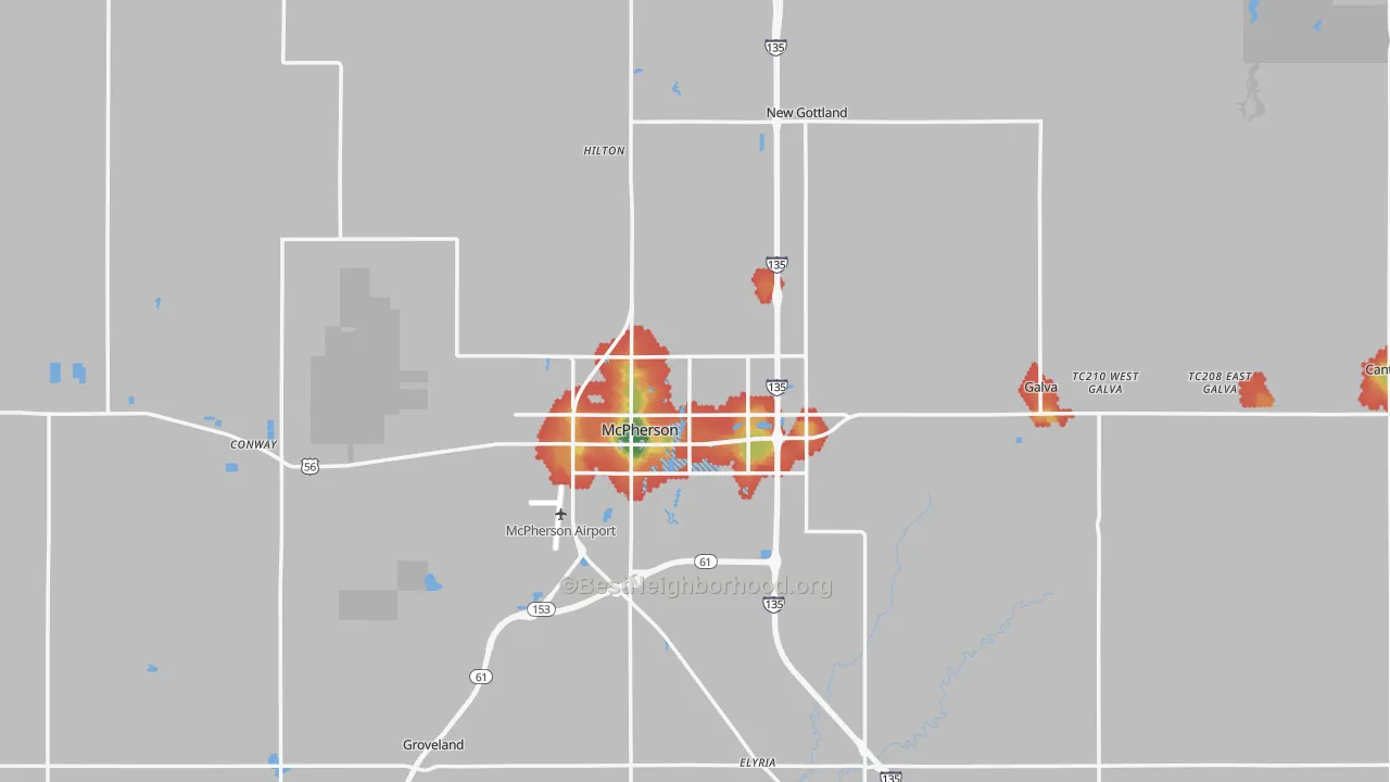 Walk Grade map of McPherson County, KS, walkable areas in green and car-dependent areas in red