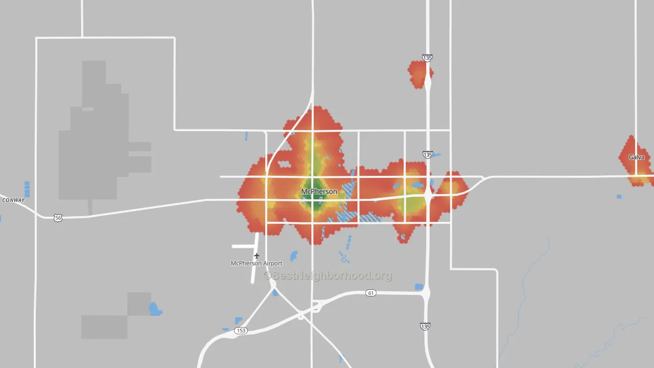 Walk Grade map of McPherson, KS, walkable areas in green and car-dependent areas in red