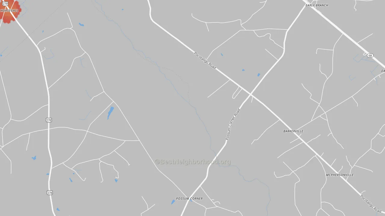 Walk Grade map of McPhersonville, SC, walkable areas in green and car-dependent areas in red