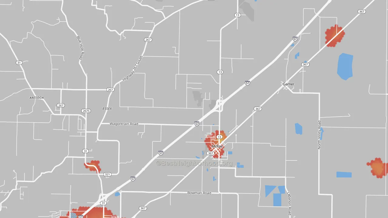 Walk Grade map of McRae, AR, walkable areas in green and car-dependent areas in red