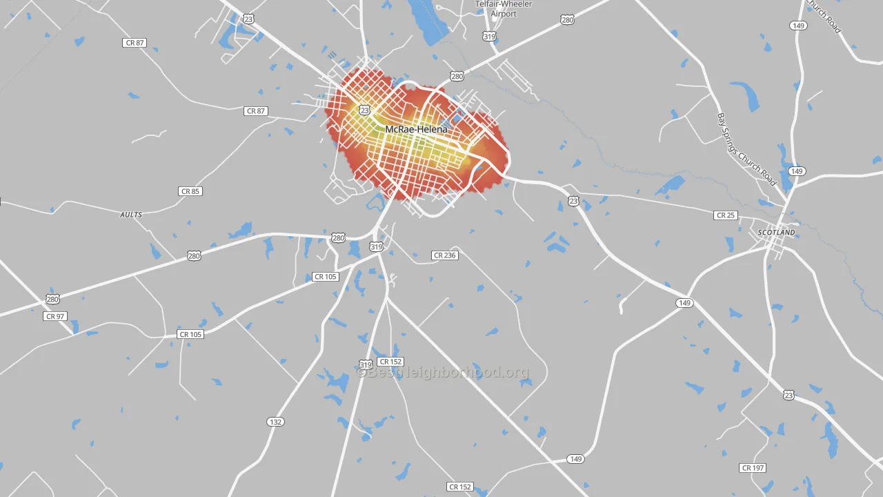 Walk Grade map of McRae, GA, walkable areas in green and car-dependent areas in red