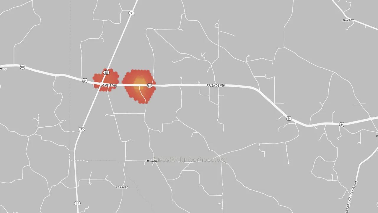 Walk Grade map of McRaney, MS, walkable areas in green and car-dependent areas in red