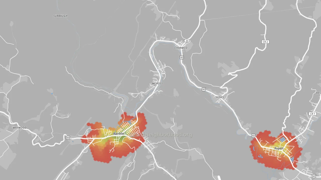 Walk Grade map of McRoss, WV, walkable areas in green and car-dependent areas in red