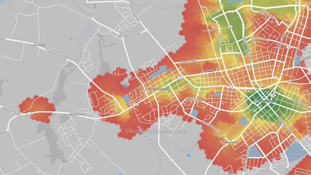 Walk Grade map of McSherrystown, PA, walkable areas in green and car-dependent areas in red