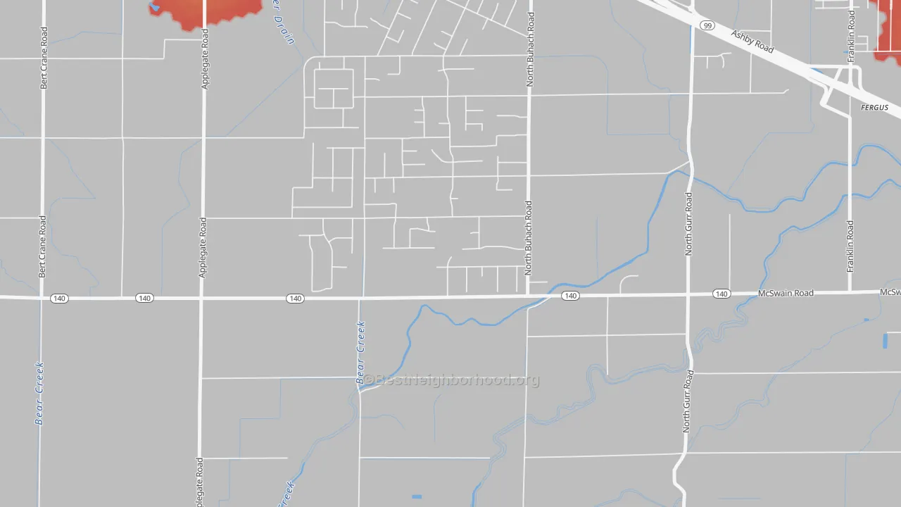 Walk Grade map of McSwain, CA, walkable areas in green and car-dependent areas in red