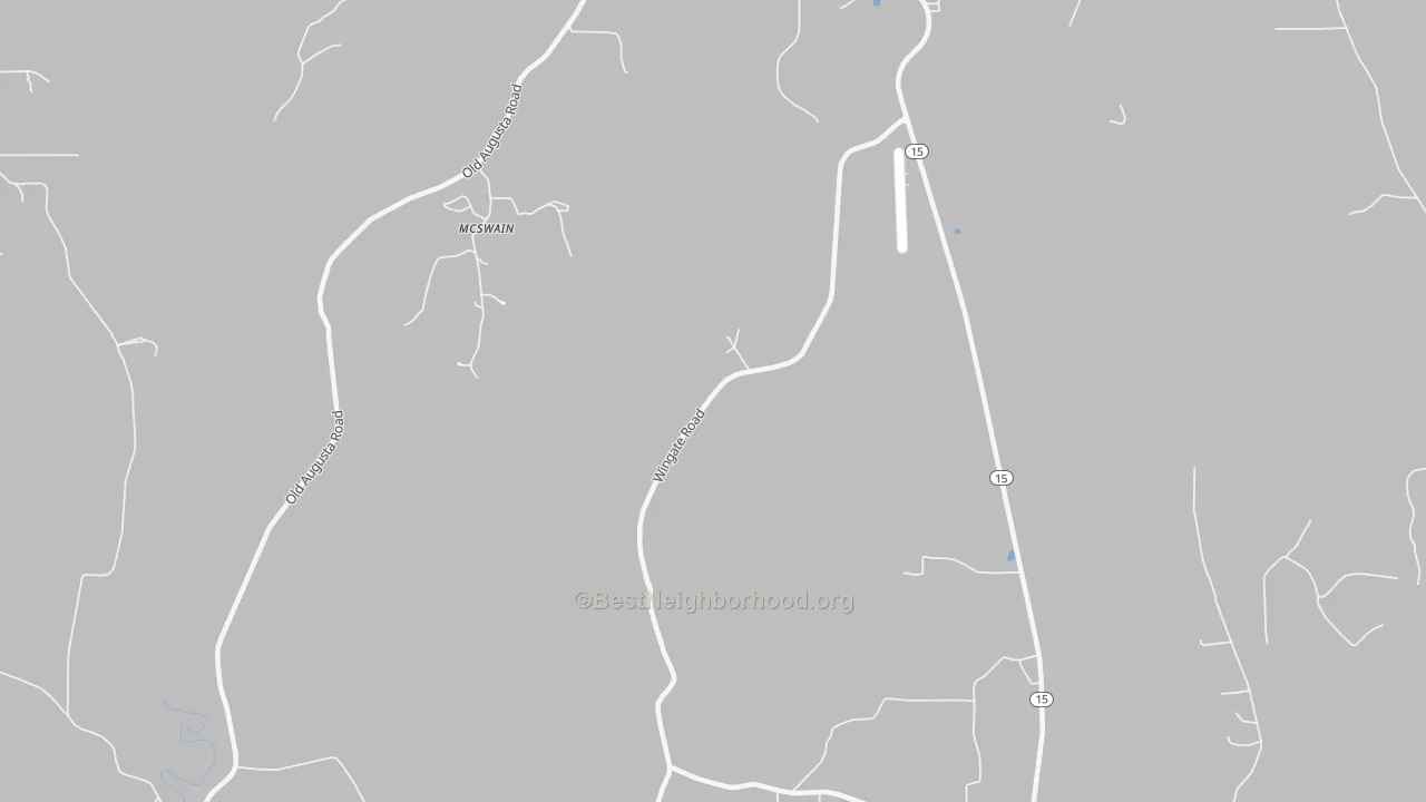Walk Grade map of McSwain, MS, walkable areas in green and car-dependent areas in red